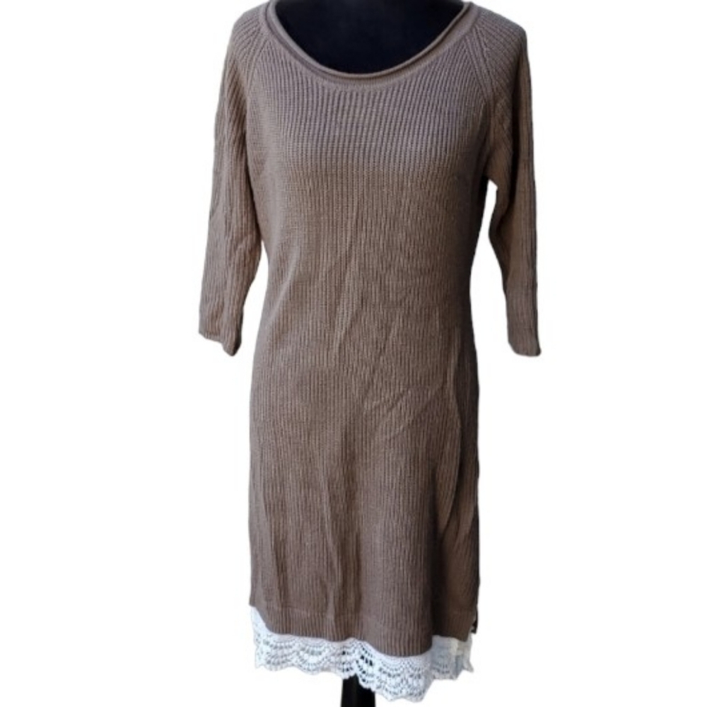 Pink Rose Womens Sweater Dress Size L Knit Lace Brown White Knee Midi Ribbed